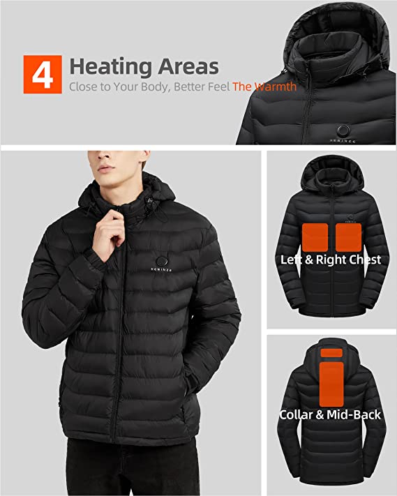 HEWINZE Heated Jacket for Men - Lightweight Puffer Heating Coat for Men  with Detachable Hood and Battery Pack